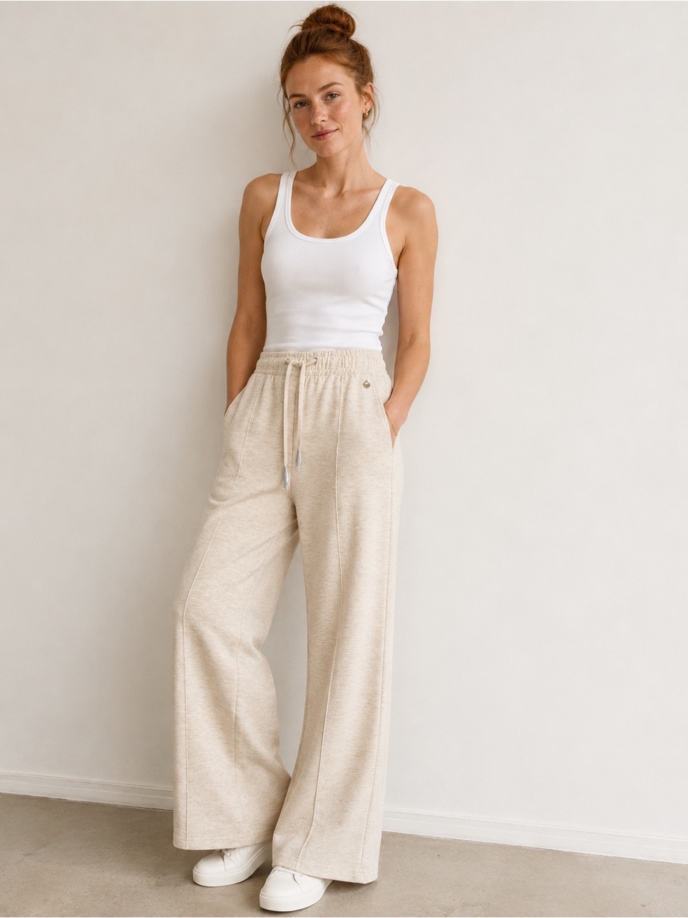 Rino & Pelle Donata Wide Leg Lounge Pants Oatmeal Heather Drawstring EU 38